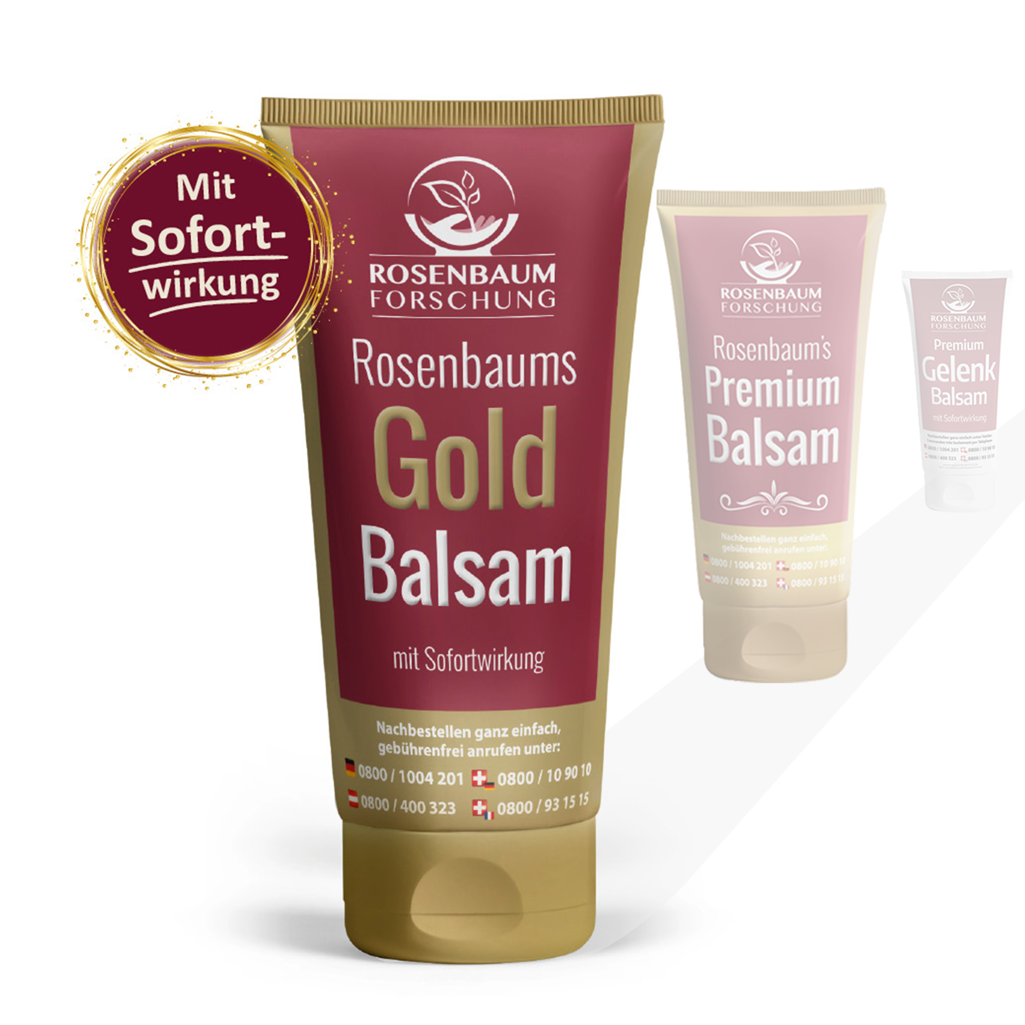 Rosenbaums Gold Balsam Produkthistorie vorne die aktuelle Produktversion Rosenbaums Gold Balsam, dahinter dezenter dargestellt Rosenabums Premium Balsam und Premium Gelenk Balsam