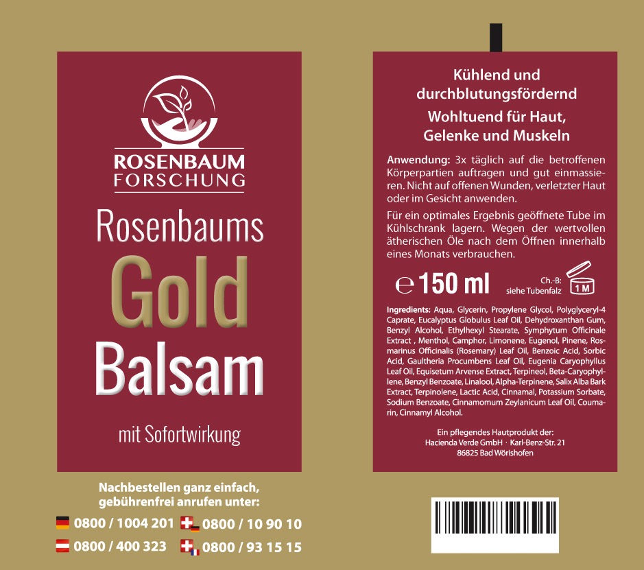 Rosenbaums Gold Balsam Rosenbaums Gold Balsam Tubendruck, zeigt Vorder - und Rückseite der Tube